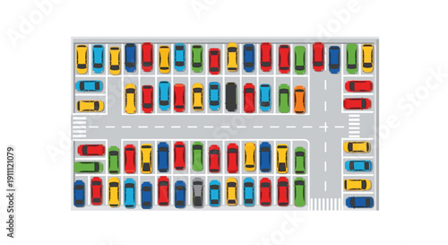 A top-down aerial view of a busy rectangular parking lot filled with many colorful cars arranged in designated spaces.