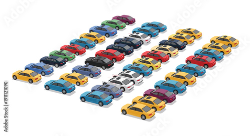Numerous colorful cars are parked in organized diagonal rows within a large parking lot, viewed from an isometric perspective.