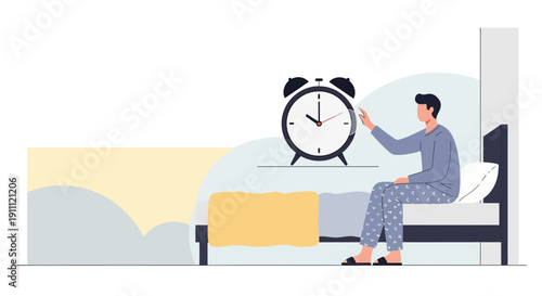 Man Wakes Up And Turns Off Alarm Clock In Bedroom