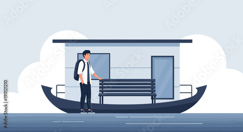 Man Waiting On Floating Houseboat Station For Transportation Adventure