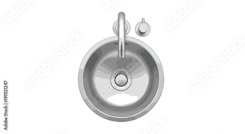 A top-down view of a modern round stainless steel bathroom sink with a wall-mounted faucet and knob on a white background.