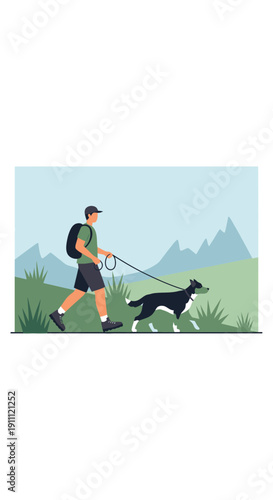 Man Walking Dog Nature Trail Scenic Mountain Landscape