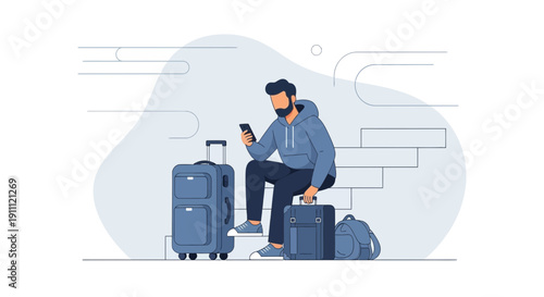 Man With Luggage And Phone Waiting For Journey