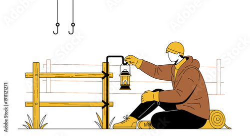 Man With Lantern Sitting Beside Wooden Fence Preparing For Adventure Or Camping Trip