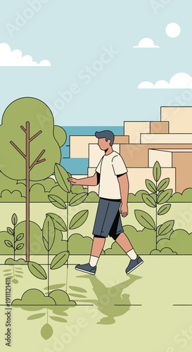 Man Walking Through Lush Greenery Outdoors With Cityscape Background