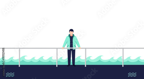 Man Standing By Railing With Ocean Waves Below Minimalist Style