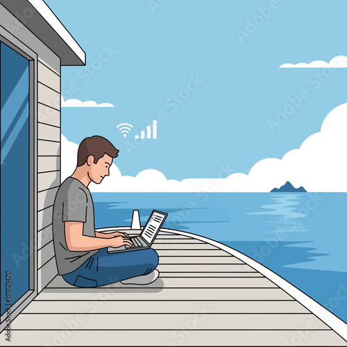 Man Working Remotely By The Ocean With Laptop