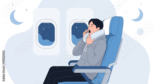 Man Yawning With Travel Pillow On Airplane Night Flight
