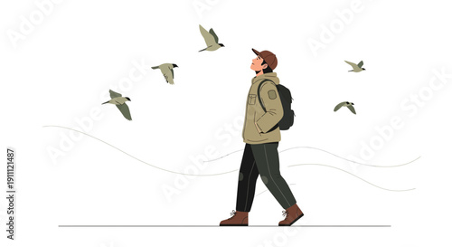 Man Walking With Birds Flying In The Sky Outdoor Adventure