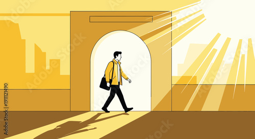 Man Walks Through Archway Into Bright Sunlight Silhouette Shadow