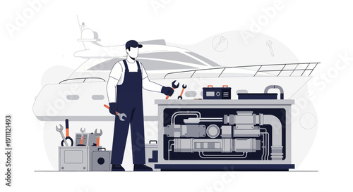 Marine Mechanic Servicing Yacht Generator With Tools And Luxury Yacht Background