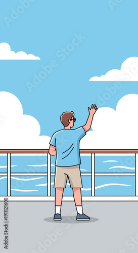 Man Waving Goodbye From Cruise Ship Deck With Blue Sky And Clouds