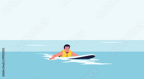 Man Wearing Life Vest Floats On Surfboard In Calm Ocean Waters