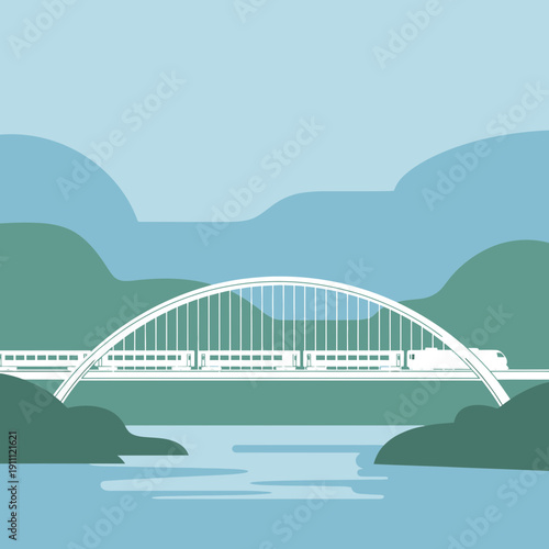 Modern Arch Bridge With Bullet Train Crossing Over Water Scenic Landscape Background