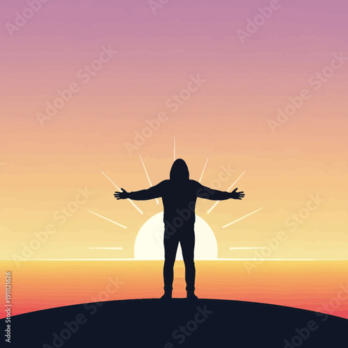 Man Welcoming New Day With Open Arms Under Sunrise Sky