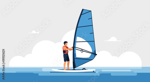 Man Windsurfing Across The Water With A Blue Sail And White Board