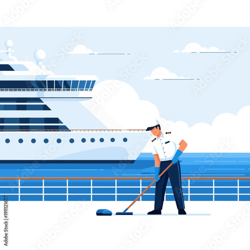 Maritime Crew Member Maintaining Cleanliness on a Luxury Cruise Ship Deck