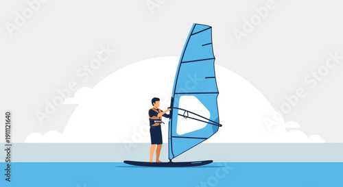 Man Windsurfing On Water Under Cloudy Sky Minimalist Style