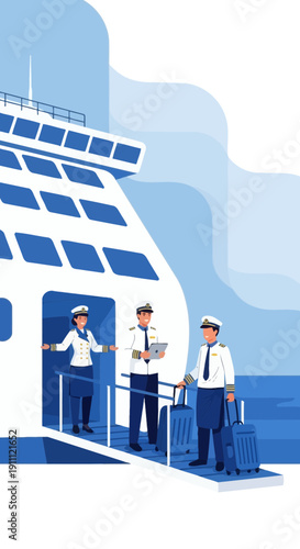 Maritime Crew Welcoming Passengers Aboard A Grand Cruise Ship Vessel