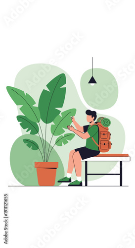 Man With Backpack Admiring Large Potted Plant Indoors