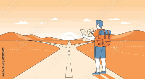 Man With Backpack At Crossroads Holding Map Planning Adventure Trip Horizon Journey
