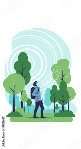 Man With Backpack Exploring A Verdant Forest Scenic View