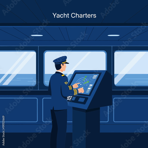 Maritime Navigation Officer At Work On Modern Yacht Bridge Vessel Operation Technology