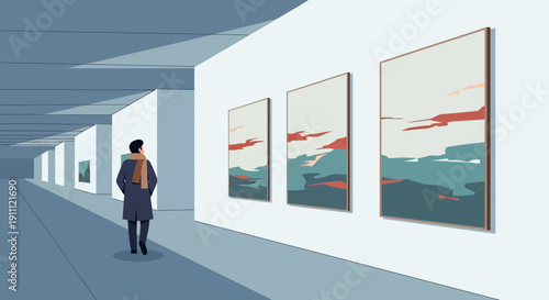 Modern Art Gallery Exhibition Showing Abstract Landscape Paintings