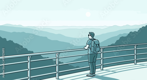 Man With Backpack Gazing Over Layered Mountain Vista