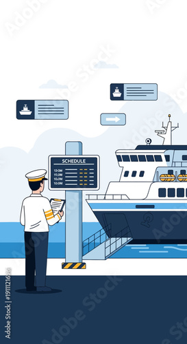Maritime Officer Verifies Cruise Ship Schedule On Dockside Information Display