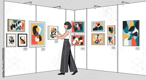 Modern Art Exhibition With Woman Curating Abstract Paintings