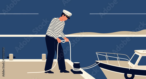 Maritime Sailor Securing Yacht At The Dockside Harbor Scene