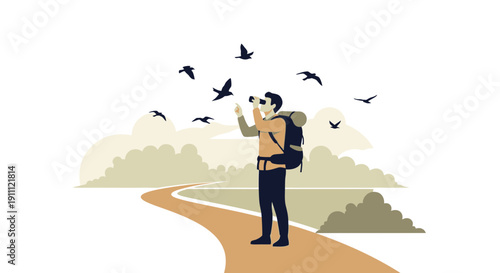 Man With Binoculars Gazing At Birds On A Winding Path