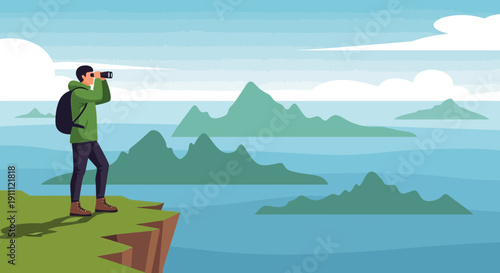 Man With Binoculars Gazes At Distant Mountains On Cliff Edge