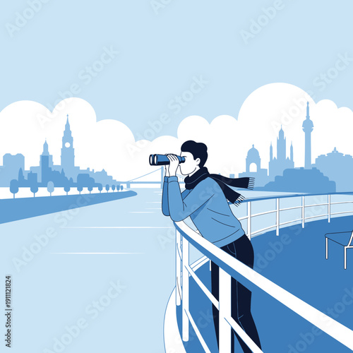 Man With Binoculars Gazes At Distant Cityscape From River Cruise Vessel