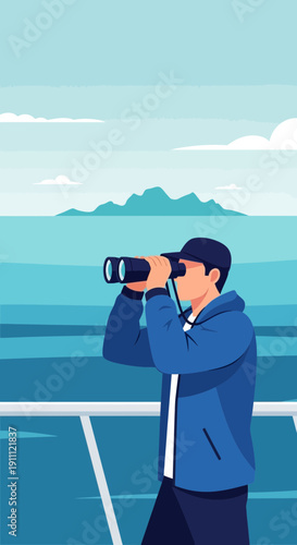 Man With Binoculars Searching Horizon Distant Landscape