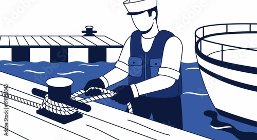 Maritime Worker Securing Vessel Lines At The Dockside With Expertise