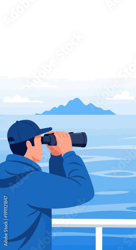 Man With Binoculars Observing Distant Island Horizon Ocean Voyage