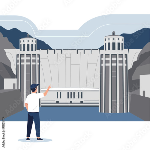 Massive Concrete Dam Infrastructure With Observer Standing In Foreground Looking Up