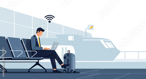 Modern Businessman Working Remotely On Laptop In Airport Terminal With Luggage