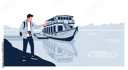 Man With Camera Beside Boat Ready For Voyage Adventure