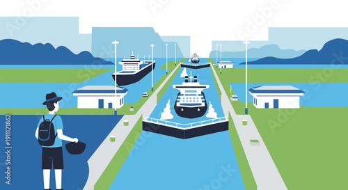 Modern Canal System With Ships Passing Through And Tourist Observing