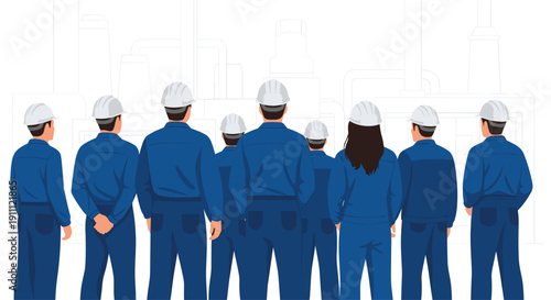 Workers in blue uniforms and white hard hats stand with their backs, observing a factory plant in the background.