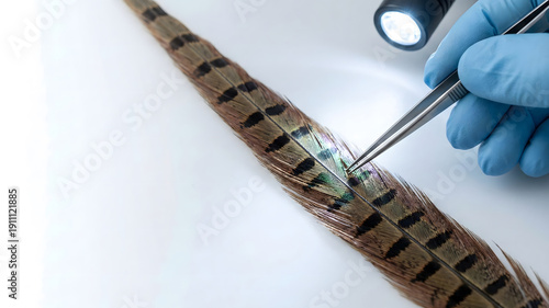Scientist examining pheasant feather with tweezers and flashlight for environmental research