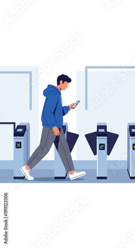 Modern Commuter Navigating Automated Entry Gates With Smartphone In Hand Daily Travel