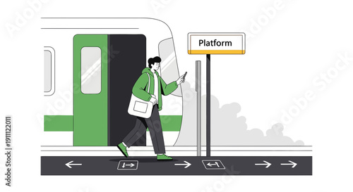 Modern Commuter Interacting With Technology At A Train Station Platform