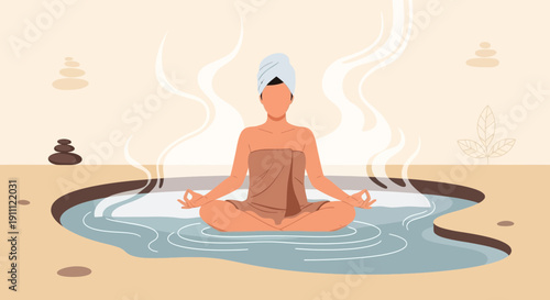 Mindful Serenity In A Steaming Thermal Pool Practicing Yoga