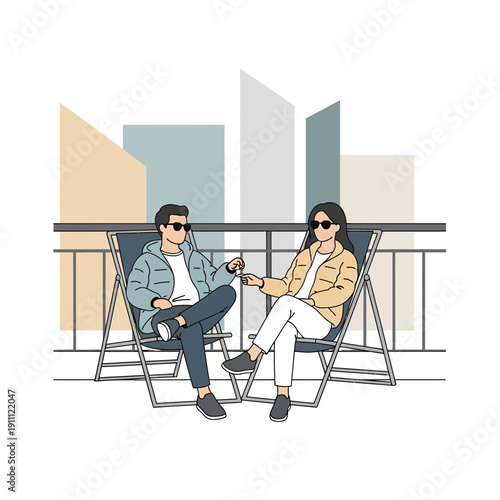 Modern Couple Relaxing on Balcony with Urban Skyline View