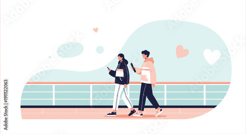Modern Couple Strolling on Cruise Ship Deck Enjoying Digital Connection