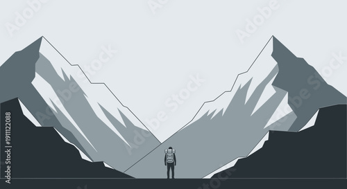 Minimalist Hiker Facing Towering Snow-Capped Peaks